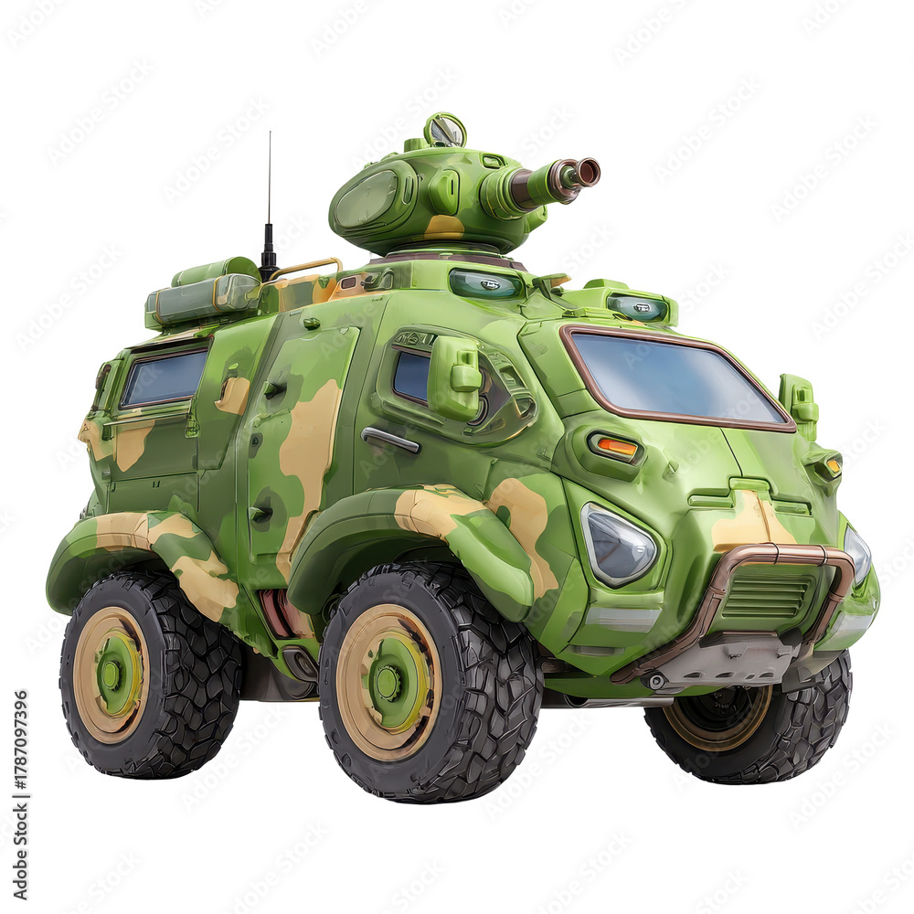 Fototapeta premium Stylized green camouflage armored personnel carrier vehicle with turret gun isolated