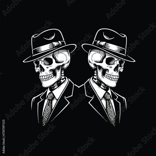 Two stylish skeletal figures in fedoras and suits, a macabre yet dapper duo on a dark background.