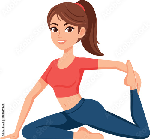 Young woman doing yoga pigeon pose for flexibility and wellness
