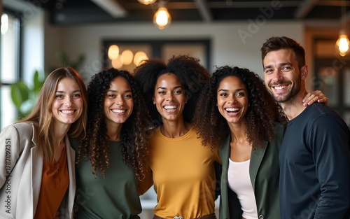 Portrait of excited funny multi-ethnic staff people business team stand in office looking at camera. Happy diverse professional colleagues group celebrate success win victory reward at corporate party