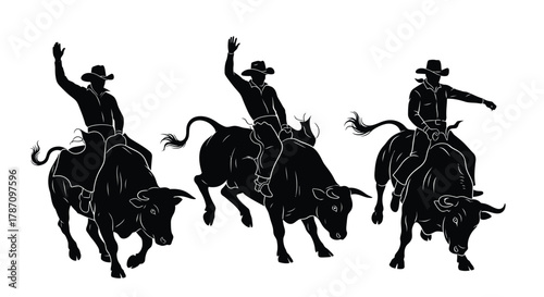 Dynamic silhouette of rodeo cowboys riding bulls with raised arms