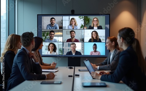Global corporation online videoconference in meeting room with diverse people sitting in modern office and multicultural multiethnic colleagues on big screen monitor. Business technologies concept.