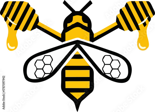 A stylized vector illustration showcases a bee holding honey dippers dripping with honey, set against a clean white background, perfect for designs.