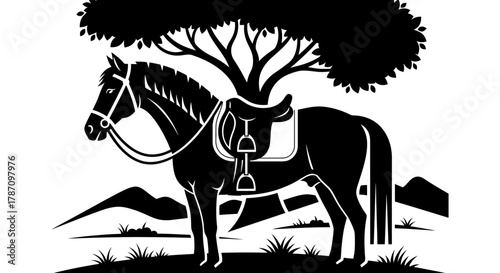 Elegant horse resting under tree with saddle in black and white design