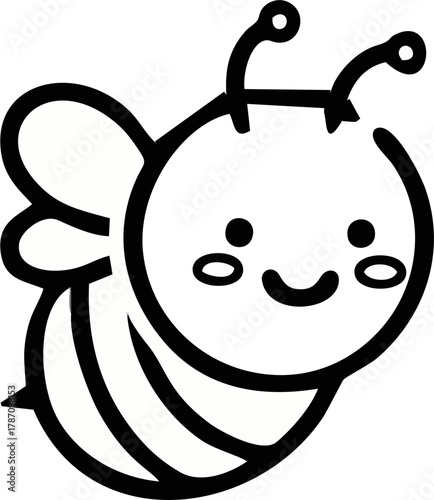 A charming cartoon bee illustration, depicted in a simple black and white style, showcasing a friendly and cheerful expression.