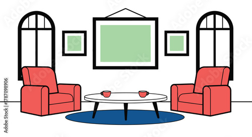 Cozy living room scene with red armchairs and modern decor accents