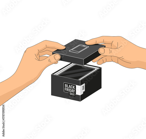 Hands opening Black Friday sale smartphone box  