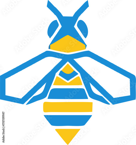 A stylized illustration showcases a vibrant bee icon, rendered in bold blue and yellow, perfect for branding and design projects.