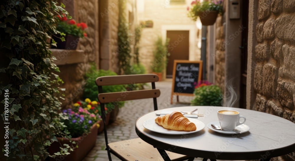 Obraz premium Charming european cafe setting with croissant and coffee amidst historic architecture
