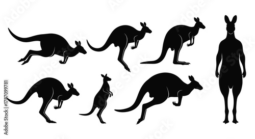 Kangaroo silhouettes hopping, standing, leaping wildlife collection