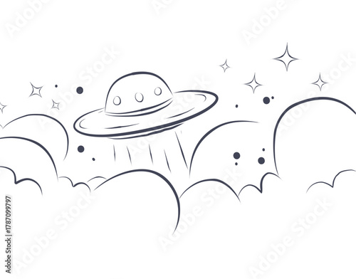 Minimalist vector illustration of a UFO flying among clouds and stars. Simple line and shape design, perfect for sci-fi projects, stickers, posters, and children’s books.