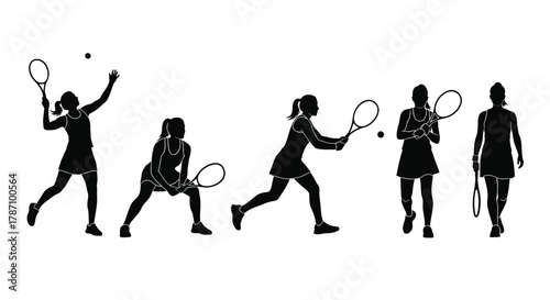 Elegant silhouette of female athletes playing tennis with determination