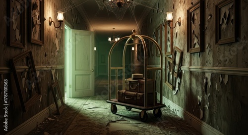 Mysterious abandoned hotel corridor with luggage cart and peeling wallpaper scene