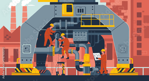 Dedicated factory workers in safety helmets and overalls collaborate on maintaining and assembling intricate industrial equipment, ensuring operational efficiency.
