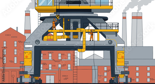 An intricate illustration shows a massive industrial crane with workers operating, set against factory buildings and smokestacks, symbolizing heavy industry.