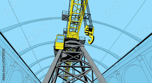 A towering yellow industrial crane stands majestically against a clear blue sky, symbolizing heavy construction and engineering prowess.