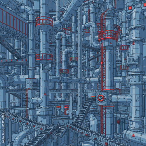 This detailed illustration presents a vast, interconnected system of blue industrial pipes, red platforms, and intricate machinery, symbolizing modern technological infrastructure.