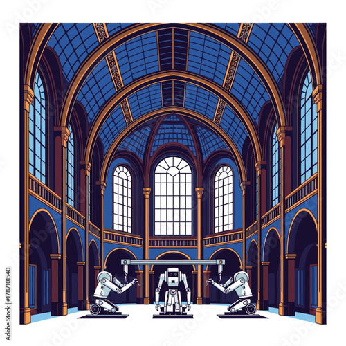Sleek, modern robots interact within a breathtaking, ornate classical interior, showcasing a fascinating juxtaposition of future technology and historical elegance.