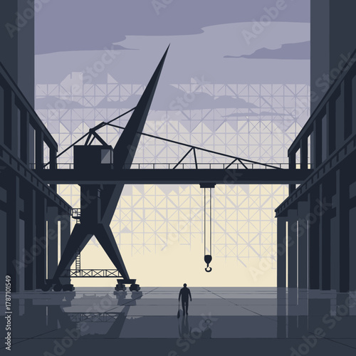A solitary figure walks across a massive, dimly lit industrial bay, dwarfed by the colossal gantry crane standing as a testament to human engineering and heavy labor.