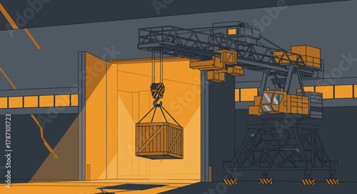 A massive gantry crane efficiently lifts a heavy wooden shipping crate from a brightly lit industrial warehouse, symbolizing global logistics and modern trade operations.