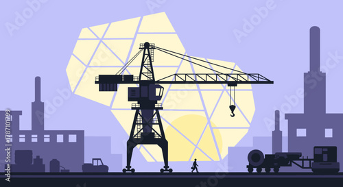A modern flat design illustration showcases a towering construction crane silhouetted against an industrial cityscape with abstract geometric light.