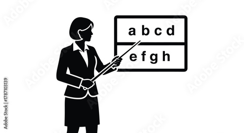 Elegant teacher instructing alphabet with pointer in modern classroom