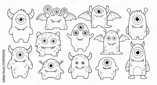Collection of Cute One Eyed Monsters for Coloring Book.