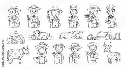 Hand drawn collection of cute farmer characters and farm animals.