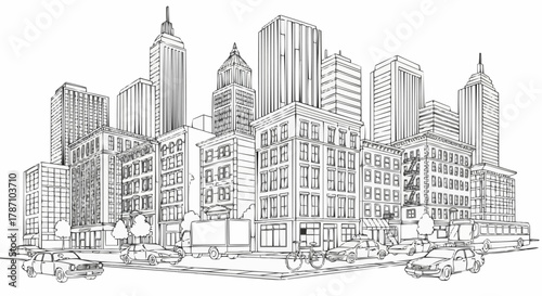 Urban cityscape with towering skyscrapers and bustling street life in the metropolis.