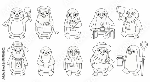 Adorable penguins in various outfits and poses, a delightful cartoon illustration.