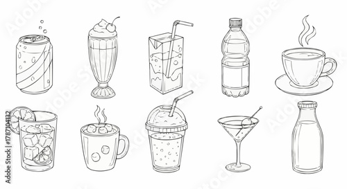 Hand drawn collection of various refreshing beverages and drinks in sketch style.