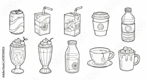 Variety of Beverages - Cans, Cartons, Cups, Bottles, and Glasses.