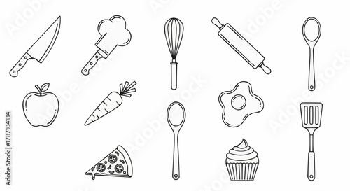 Collection of Hand Drawn Kitchen Utensils and Food Items.