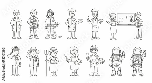 Collection of Diverse Professions Illustrated in a Simple Line Drawing Style.