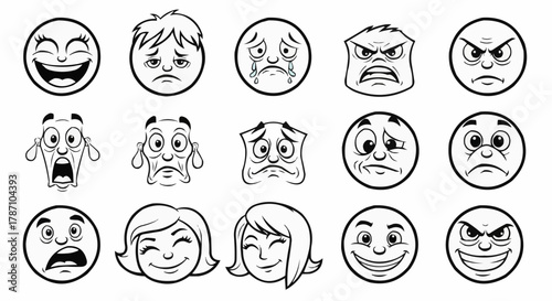 Diverse collection of hand drawn cartoon faces expressing various emotions.