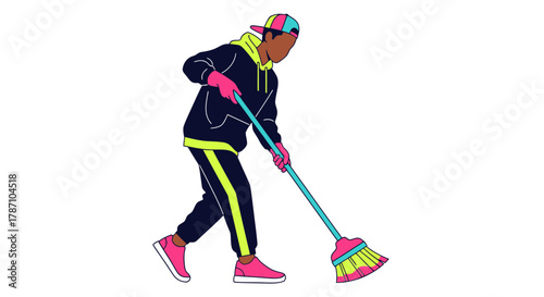 Young adult cleaning with broom in modern outfit, clean home concept