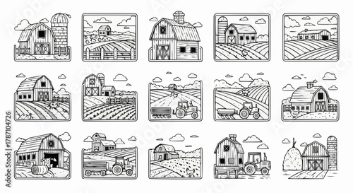 Hand-drawn sketches of various farm scenes and agricultural landscapes.