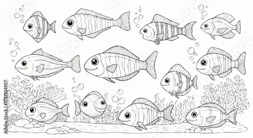Collection of various fish species swimming underwater in a detailed line art illustration.