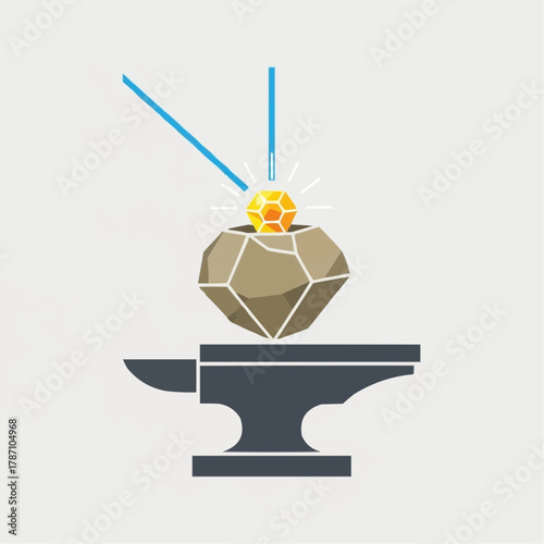 Anvil with a stone holding a glowing, geometric sphere being hit by two blue rods.