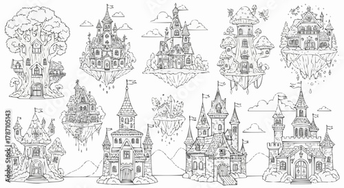 Fantasy Castles and Floating Islands Hand Drawn Outline Set.