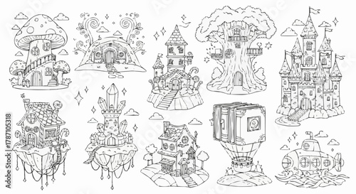 Whimsical Fantasy Buildings Collection Hand Drawn Line Art.