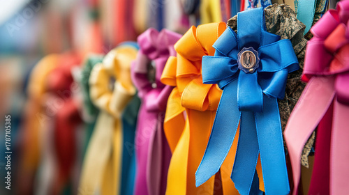 A blue ribbon pinned to a handmade craft at a county fair, surrounded by various other ribbons of different colors, signifying top honors for exceptional craftsmanship