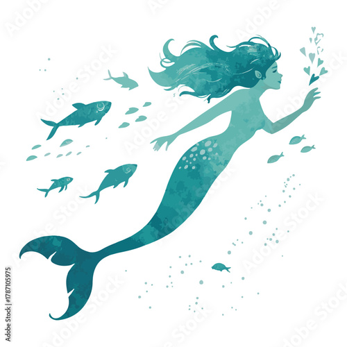 Watercolor mermaid swimming with fish emitting hearts underwater Vector