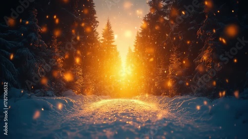 Magical Winter Forest Path Illuminated by Golden Light at Sunset.