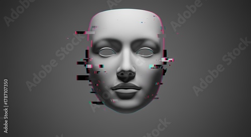Fototapeta Naklejka Na Ścianę i Meble -  Abstract representation of a digital human face with glitch effects, set against a dark background