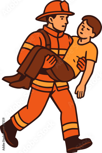 Firefighter carrying rescued person from fire, bold outline, warm tones vector