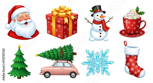Festive christmas holiday collection featuring santa claus a gift box snowman hot cocoa christmas trees a car snowflake and stocking