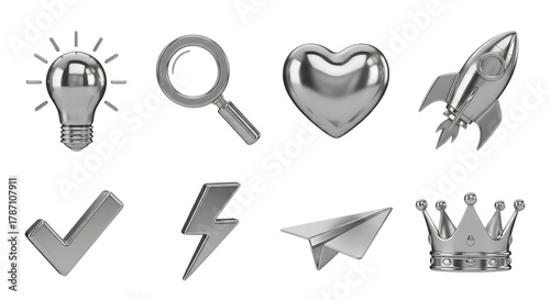 Collection of shiny metallic icons representing ideas search love innovation success power creativity and achievement on a black background