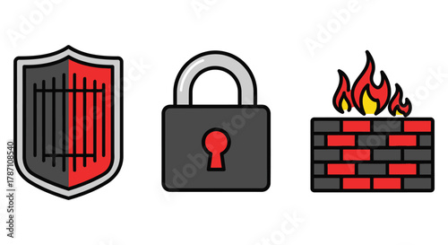 Cybersecurity icons showing firewall, shield and lock symbol for safety