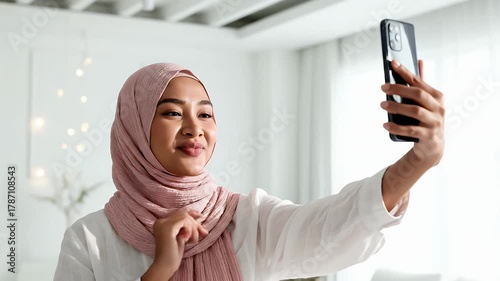 Smiling Woman in Hijab Taking Selfie with Smartphone.